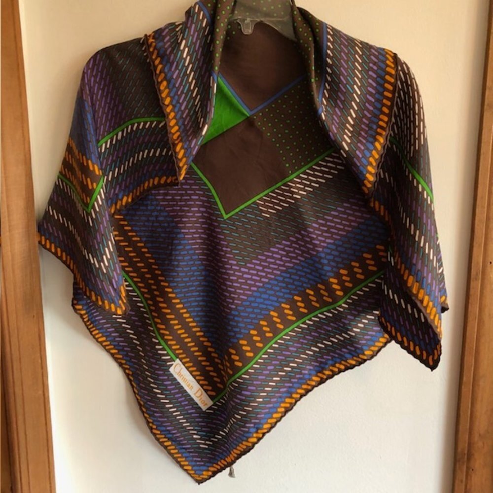 CHRISTIAN DIOR Silk Geometric Large Square Scarf Earth Tones Vintage - Picture 7 of 16